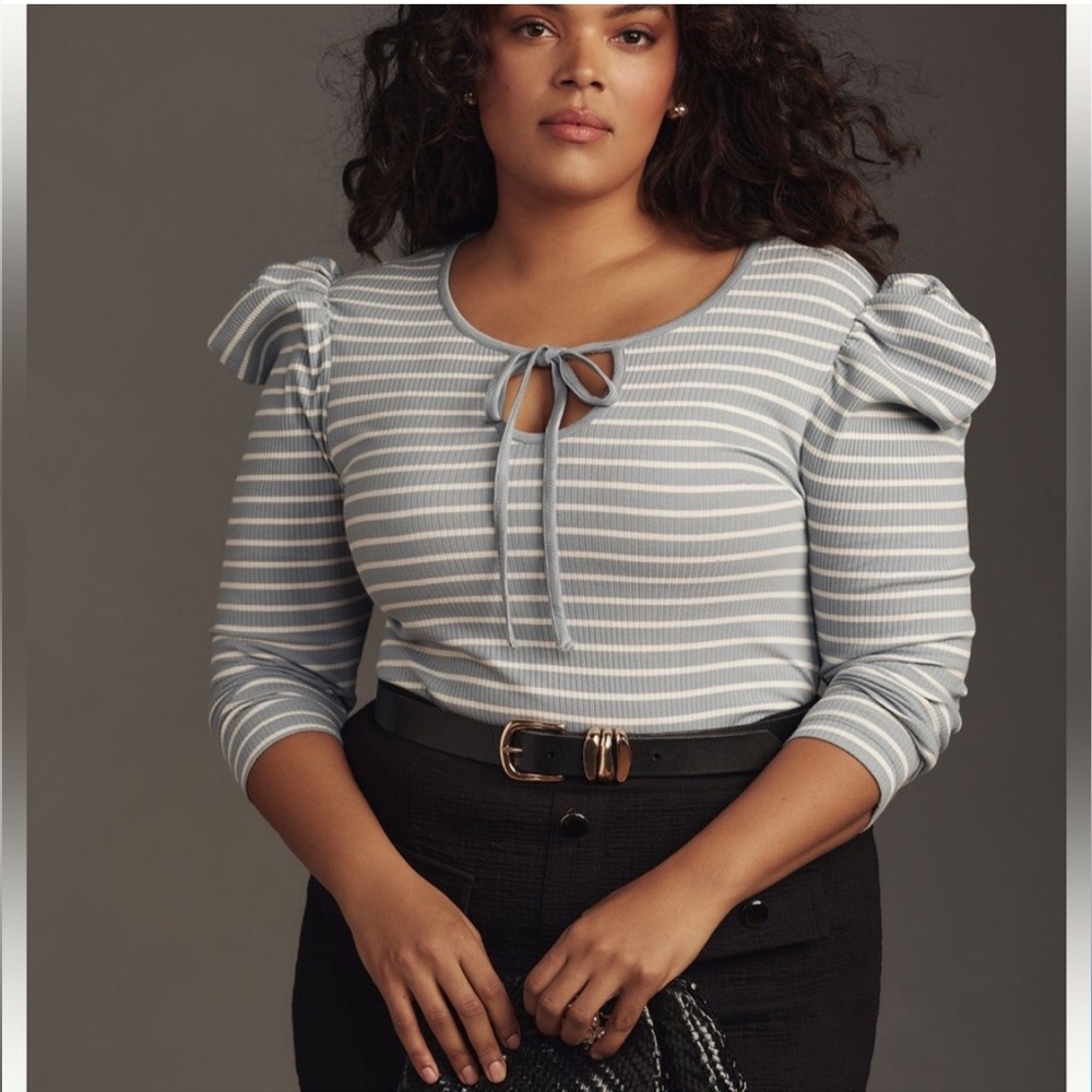 Anthropologie (L) porridge Puffed Sleeve Tie-Front Ribbed Top